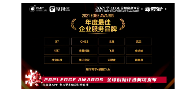 氚云荣获钛媒体2021 EDGE  AWARDS“年度最佳企业服务品牌”。